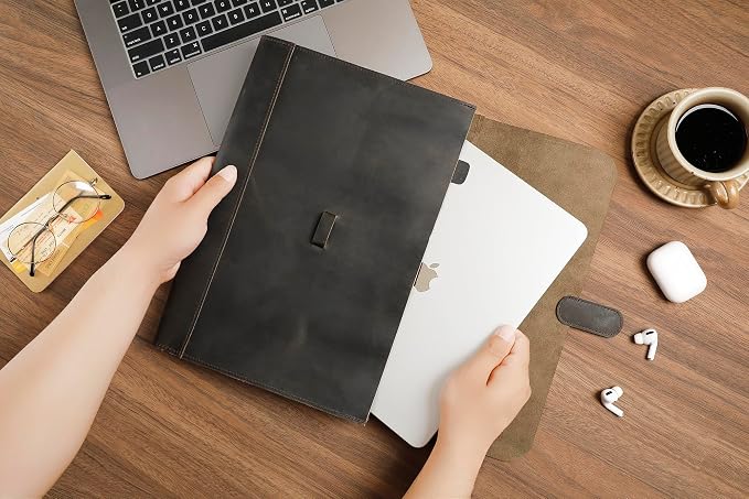 Genuine Leather File Folder, Accordian File Organizer, Leather Document Holder Resume Folio for Men & Women-Grey-Custom