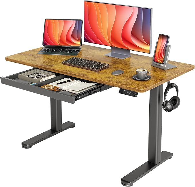 YDN Electric Standing Desk with Drawer 48 x 24 Inch Rustic Brown | Industrial-grade steel frame supports 176 lbs, 28.3 to 46.5 inch height range, 25.6 x 12.6 inch drawer with 11 lb capacity