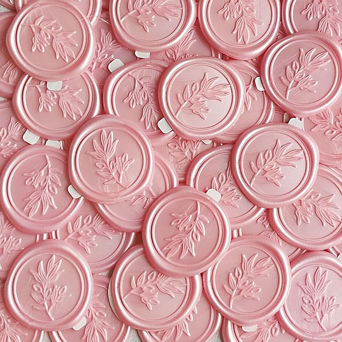50Pcs Pink Self-Adhesive Wax Seal Stickers - Olive Branch Envelope Seal Stickers Perfect for Wedding Invitation, Envelopes, Wedding Invitation Accessories, Christmas Cards, Gift Wrapping