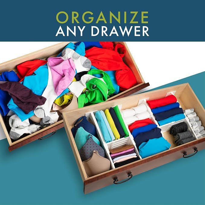 Dial Industries Dresser Drawer Dividers, 4 Pk + 3 Cross Dividers, 4.5" Deep | Slides apart to fit drawers of any length, Extra pieces create small sections, Great for socks, underwear and accessories