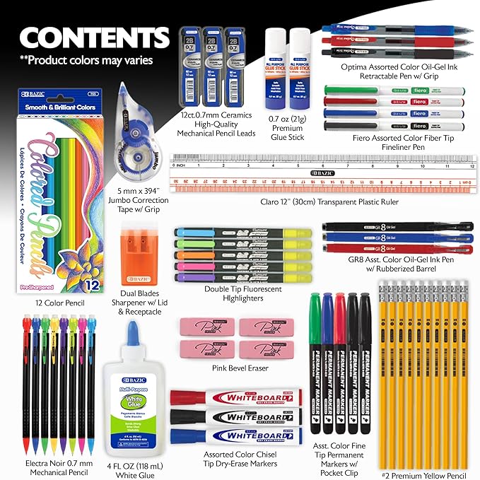 BAZIC PRODUCTS Back to School Supplies Kit, 66 Pieces, for Students Teachers Donations