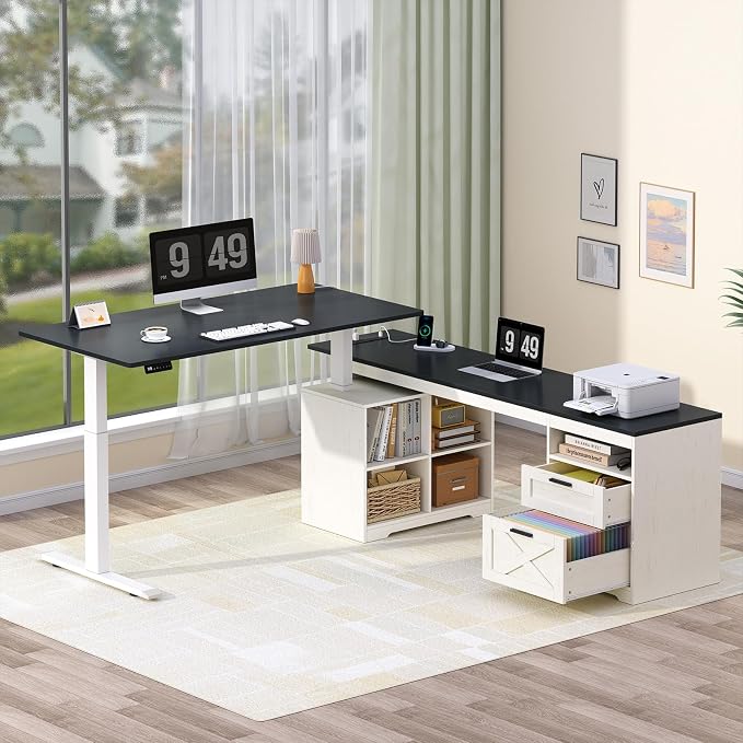 66 inch Farmhouse L Shaped Standing Desk with Storage for Home Office | Corner Electric Standing Desk with Drawers ＆ Storage Shelves, Height Adjustable Desk with Power Outlets, Black & White