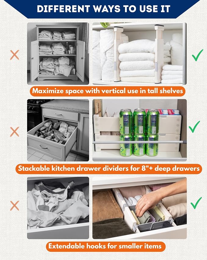 4 Pack Adjustable Drawer Dividers for Clothes with Scent Slots 4" High, 13-20.4" and 4 Adjustable Hooks, Expandable Dresser Drawer Dividers for Kitchen, Closet, Bathroom, Office