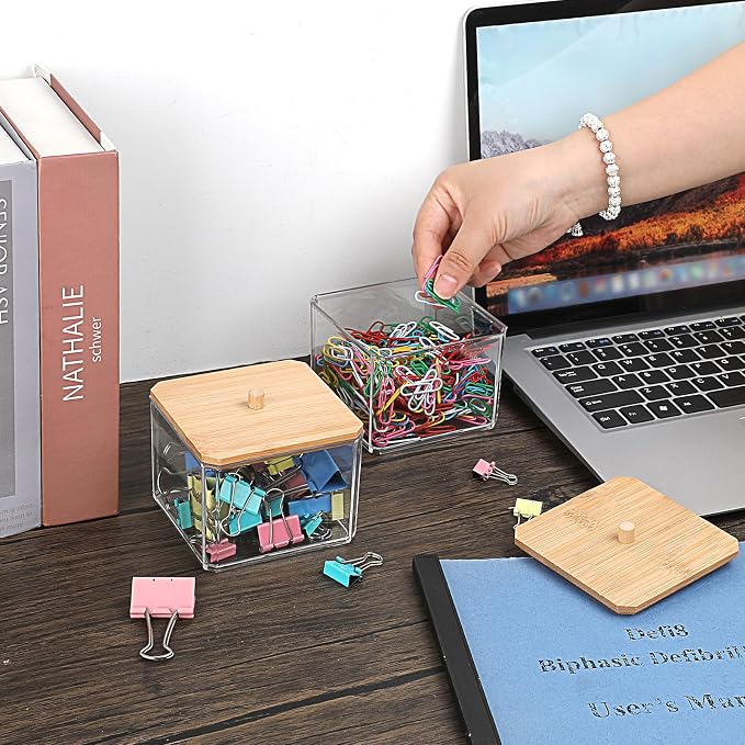 BTSKY 2 Pack Clear Stackable Paper Clip Holder with Bamboo Lid Paperclip Box Thick Acrylic Office Supply Accessory Organizer Square Small Storage Holder Cute Qtip Holder for Office Bathroom Vanity