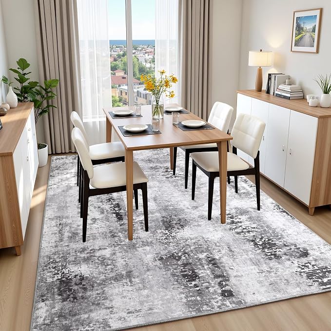Macgace Washable Abstract Rug, 8x10 Modern Area Rugs with Non-Slip Rubber Backed for Living Room, Thin but Soft Contemporary Carpet Kitchen Bedroom Dining Room Decor, Dark Grey