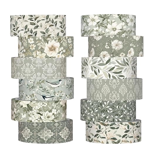 12 Rolls Watercolor Floral Washi Tape Set 15 mm Vintage Flower Decorative Masking Tape for Summer School Arts DIY Craft Scrapbook Journal Supplies Gifts(Sage Green,Greenery)