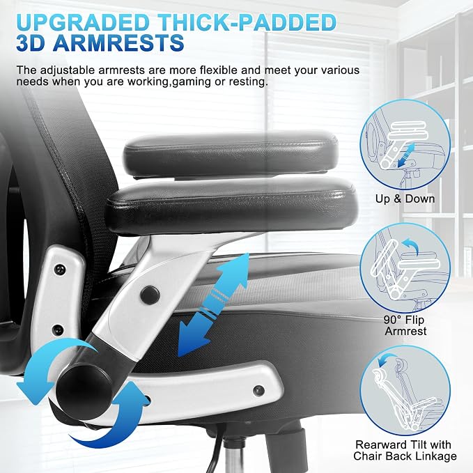 Super Big and Tall Office Chair 700lbs- Heavy Duty Executive Computer Chair with Rubber Wheels 3D Flip Arms, Ergonomic Mesh High Back Desk Chair, Wide Seat Adjustable Lumbar Support & Headrest