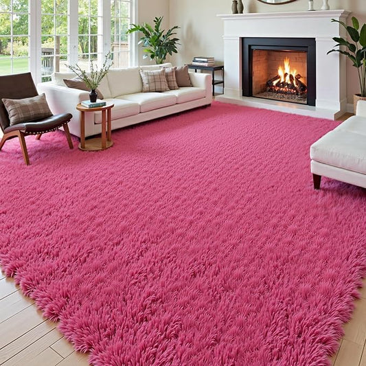 Area Rugs 9x12 Living Room, Large Area Rug Shaggy Carpet Soft Plush Furry Bedside Rug, Machine Washable Area Rugs for Bedroom Home Decor Non-Slip(9 x 12, Hot Pink)
