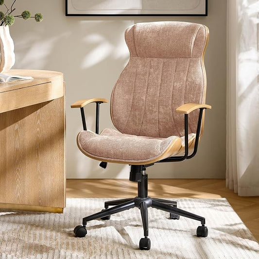 HULALA HOME Solid Wood Office Chair with High Backrest, Spice | Mid Century Modern Bentwood Desk Chair with Tilt Function, Swivel Fabric Computer Task Chair, Height Adjustable, Metal Base