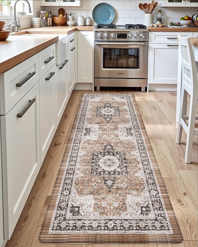 DEXI Kitchen Floor Mats Cushioned Anti Fatigue, 23x86 Long Wide Standing Comfort Runner Rug, Waterproof Retro Floral Memory Foam Padded for Front Sink Laundry, Black/Brown