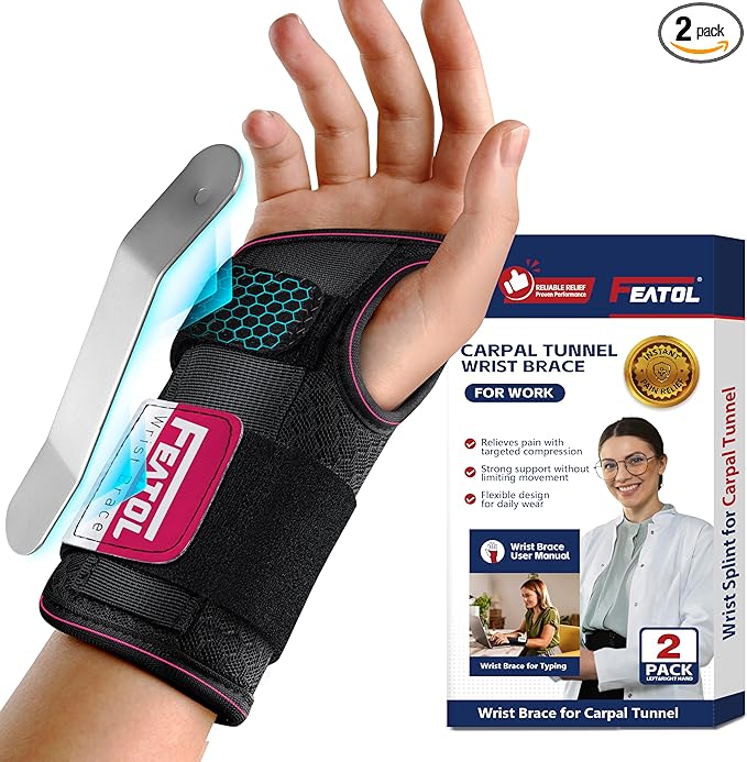 FEATOL 2 Pack Carpal Tunnel Wrist Brace For Work With Wrist Splint, 6.5'' Wrist Brace Night Support For Women Men, Pain Relief For Tendonitis, Arthritis, Pregnancy, Typing, Right and Left Hand, Medium