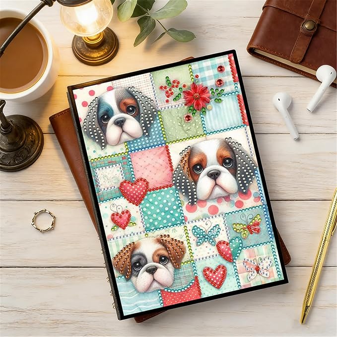 FRANDEK Diamond Art Painting Notebook Kit, Plaid Dog A5 DIY Journal with 50 Blank Pages, Crystal Rhinestone Cover with Waterproof Canvas, Beginner Craft Set with Full Tools for Adults