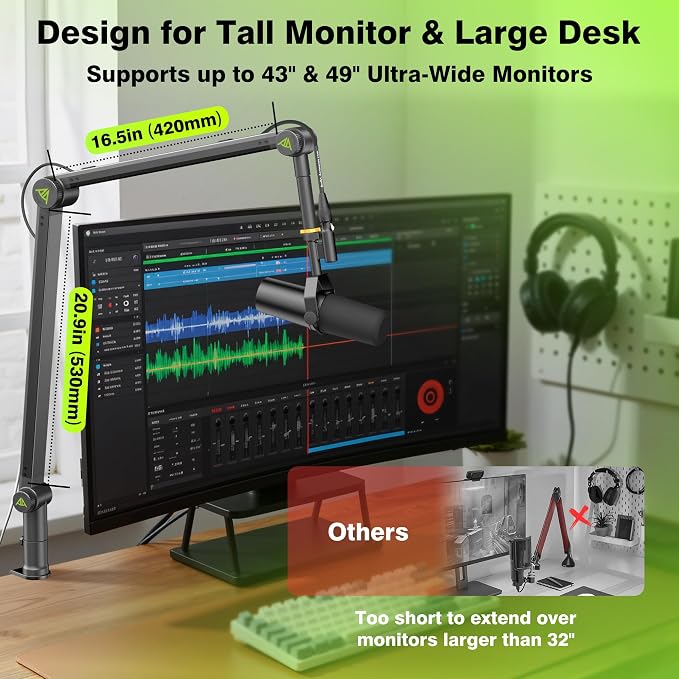 AA AUDIO ACCESSORY Design for Shure SM7B SM7dB MV7 Never-Sag Mic Boom Arm, Extra-Long 950mm Reach, 6.6lbs Load Capacity, Gear-Lock Suspension Microphone Stand Desk Mount for Blue Yeti Rode Heavy Mics