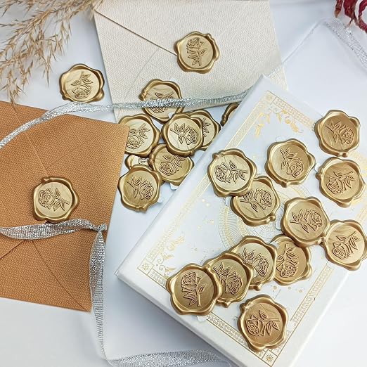 50 Pcs Gold Rose Wax Seal Stickers, Rose Envelope Wax Seal, Wedding Invitation Accessories, Easy to Use Gold Envelope Stickers with Good Adhesion