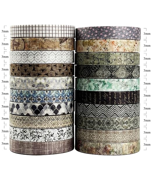 Basic Skinny Washi Tape Set 20 Rolls- Retro Antique Patterns Masking Thin Decorative Tapes for Arts, DIY Crafts, Bullet Journal, Planners, Scrapbook Decor, Gift Wrapping, Junk Journal