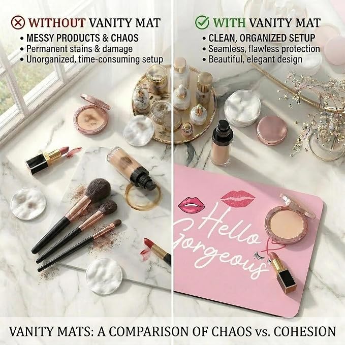 Makeup Mat for Vanity Top Protector, Dual-Sided Vanity Mat Waterproof Dressing Desk Makeup Table Cover Pad Hello Gorgeous (Baby Pink/Silver, 23.6"x11.8")
