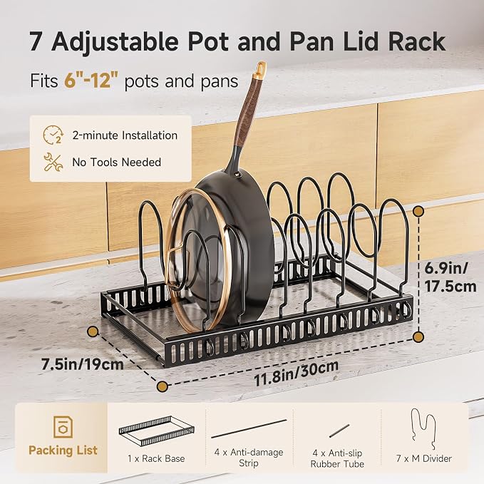 MUDEELA Pot Lid Organizer for Cabinet, Adjustable Baking Pan Rack 7 Slots | 7 Adjustable Divider, Tool-Free Assembly,Non-Slip, Scratch-Proof, Sturdy Metal Frame, For Pan Lid Cutting Board Bakeware
