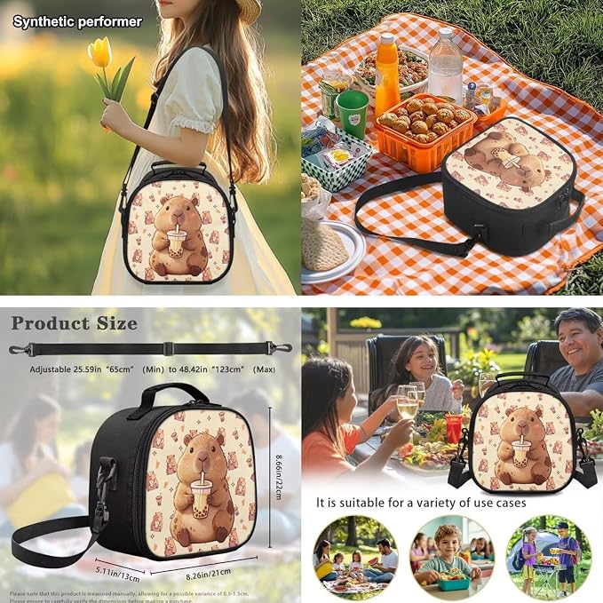 Capyabara Girls School Backpack Set 4 PCS, 17 Inch Cute Cartoon Bookbag with Insulated Lunch Bag for Kids Ages 6-8 1st 2nd 3rd Grade
