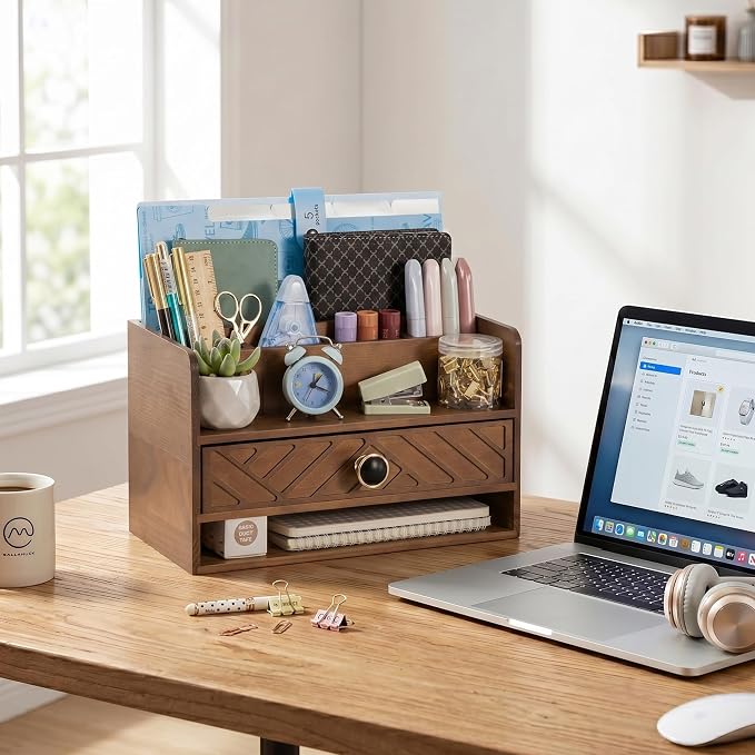 dreampossible Brown Wood Desk Organizer and Accessories with Drawer, Bill Mail Organizer and File Mail Holder for Office Supplies, Desk Accessories & Workspace Organizers