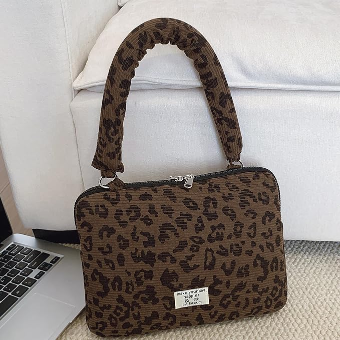 Leopard Print Laptop Case 11, 13,15 Inch Quilted Laptop Sleeve Soft Protective Cheetah Computer Sleeve for MacBook (Coffee, with Strap, 13 Inch)