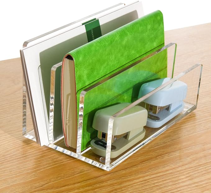 Clear Acrylic 3 Compartment Mail & Letter Organizer for Desk | 5mm thick, 3 compartments organize mail, bills, letters & files. Crystal clear acrylic, non-slip pads. No assembly.