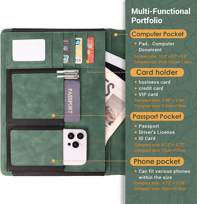 Embossed Professional Trifold Padfolio with Magnetic Closure – A4 Letter Portfolio Organizer for Business Meetings, Interviews & Presentations, Document Folder with Notepad Holder (Green)