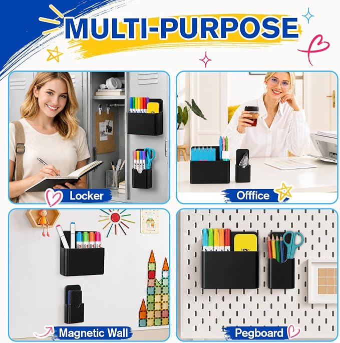 Grtard Black Magnetic Pen Holder, 4 PCS Magnetic Marker Holder for Whiteboard, Magnetic Dry Erase Marker Holder, Magnetic Pen Holder for Refrigerator, Magnetic Pencil Holder, Magnet Locker Organizer