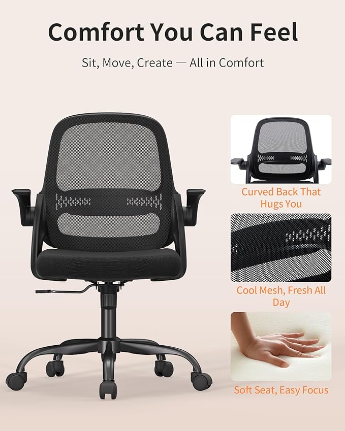 Ergonomic Mesh Office Chair with Flip-Up Arms, Adjustable Height, Breathable Mesh Back & Thick Cushion Seat, 360° Swivel Rolling Computer Desk Chair, BIFMA Certified, Supports 300 lbs (Black)