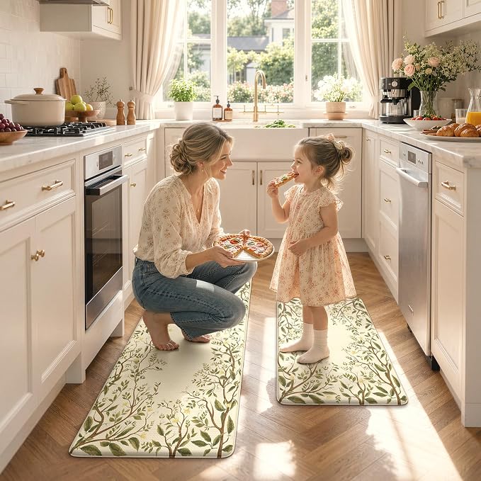 KIMODE Anti Fatigue Kitchen Mats for Floor 17"x47"+17"x29", Farmhouse Leaf Kitchen Rugs Sets of 2, Cushioned Kitchen Floor Mats, Buttercream Laundry Room Rugs for Sink Desk Kitchen Decor Bedroom