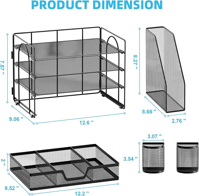 Marbrasse 4-Tier Paper Tray Organizer with Drawer and Pen Holder, Black | Metal Mesh Desk Organizer, Built-in Drawer & 2 Pen Slots, fits letters/Files, for School Home Office Supplies
