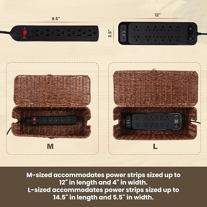 BROWNLILY Rattan Wire Storage Box, Handmade Cord Organizer for Desk Cord Hider Outlet Covers for Power Strip TV PC Router Charger Under Desk Cable Management Box