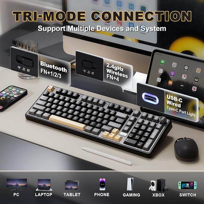YUNZII B98 PRO QMK/VIA Wireless Mechanical Gaming Keyboard,96% Layout with Numpad and Cute Cat Knob, BT/2.4G/USB-C,Linear Switch Hot Swap Gasket,RGB for Win/Mac (Black, Milk V2 Linear Switch)