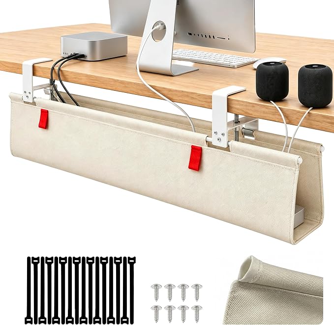 Under Desk Cable Management No Drill – 36" L x 6" W Cord Organizer, Upgraded Silicone Pads (No Scratch), 16 Cable Slots, Washable PE Honeycomb Base, Fits Desks 0–2.1" Thick, Beige
