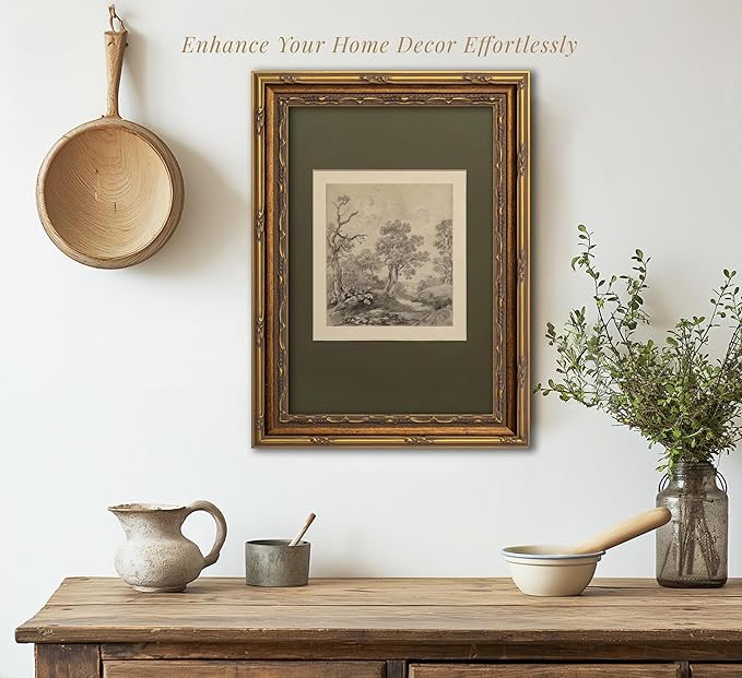 Vintage Gold Framed Wall Art Tree Forest Landscape Painting Canvas Prints Green Gray Tree Natural Sketch Picture Rustic Farmhouse Poster Artwork for Living Room Bedroom Bathroom, 16x24in