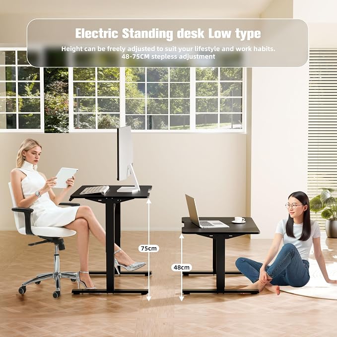 ERGOMAKER Low Height Adjustable Desk with Lockable Wheels, Lifts 18.9"-29.5", 31.5" x 23.6" Electric Small Standing Desk with Splice Board for Home Office & Short People(Black Frame, Black Desktop)