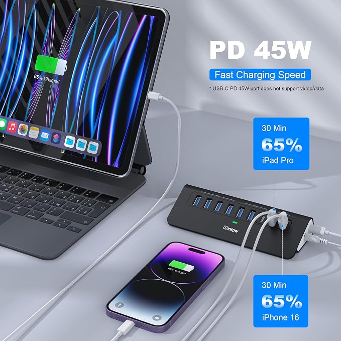 Powered USB Hub 10Gbps,intpw YH6AC 9-Port USB Splitter with USB A/USB C 3.2, 4 USB 3.0, 2 PD 45W Charging Ports, 65W Power Adapter and 3.3FT Cable, Aluminum Black USB Hub for Laptop/PC,iPhone 16/15