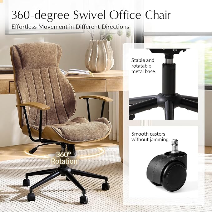 HULALA HOME Solid Wood Office Chair with High Backrest, Camel | Mid Century Modern Bentwood Desk Chair with Tilt Function, Swivel Fabric Computer Task Chair, Height Adjustable, Metal Base