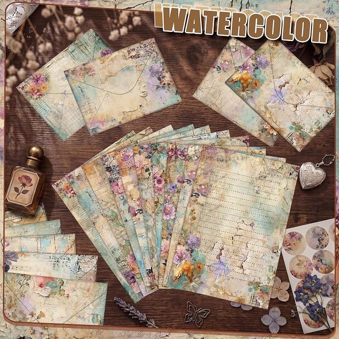 TaoBary 160 Pcs Stationery Paper Kit 50 Double Sided Stationery Papers with 50 Matching Envelopes and 60 Round Dot Sticker, 10 Design (vintage Floral, 8.25 x 5.5 Inch)