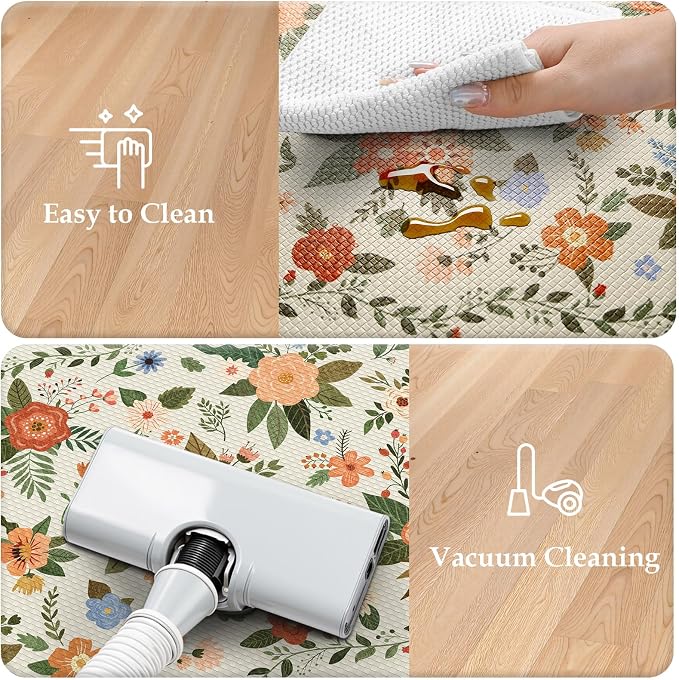 KIMODE Kitchen Mats for Floor Anti Fatigue, White Floral Rugs for Decor | Carpet for Kitchen Floor,Padded Kitchen Floor Mats,Cushioned Kitchen Mats for Floor 2 Piece for Laundry Sink 17"x47"+17"x29"
