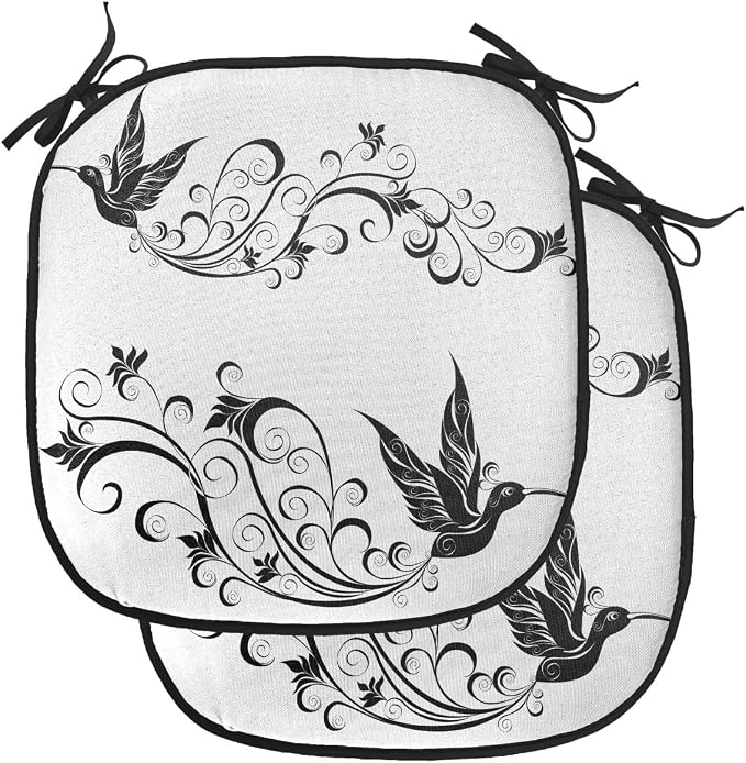Lunarable Hummingbirds Chair Cushion Pads Set of 2, Tattoo Art Style Hummingbird Silhouette Wildlife Curvy Stems Blooms Imagery, Anti-Slip Seat Padding for Kitchen & Patio, 16"x16", White Black