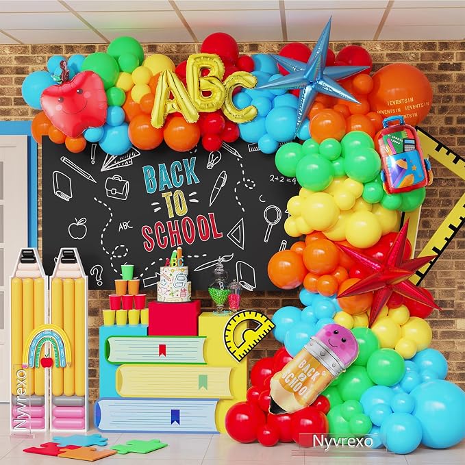 Welcome Back To School Balloon Arch Garland Kit, 153PCS Rainbow Schoolbag Pencil Apples ABC Foil Balloons, First Day of School Classroom Kindergarten Graduation Decorations