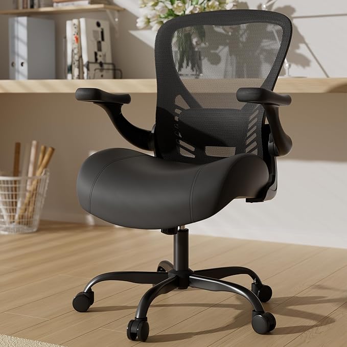 GYI Ergonomic Office Chair with Memory Foam Cushion, Big and Tall Office Chair, 4.7" Thickened Seat Heavy Duty Desk Chair with Technical Mesh Back, 3D Flip-up Arms, Wheels for Heavy People, Black