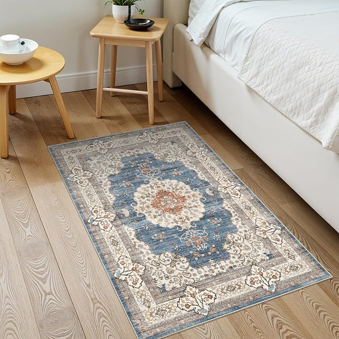 2x3 Washable Small Rug for Entryway: Indoor Vintage Oriental Area Rugs Stain Resistant Door Mat with Non Slip Backing Low Pile Thin Carpet for Bathroom (2x3 Blue/Beige)
