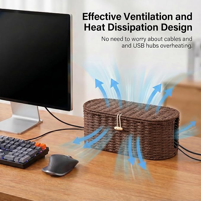 Set of 2 Cable Management Box, Handwoven Cord Hider Box with 3 Open Slots | Cable Organizer Box with Lockable Lid, Cord Storage Box to Hide Power Strip, Router, USB Hub, TV Wires for Home, Office