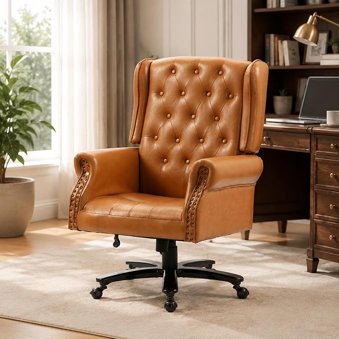 Vintage High Back Wingback Executive Office Chair, Brown | Home Desk Chairs with Tufted Nailhead Trim & PU Faux Leather, Heavy Duty Adjustable Rocking Computer Chair for Gaming