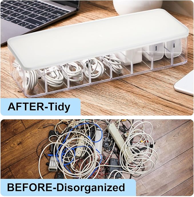 Tatuo 2 Pcs Cord Organizer for Drawer Desktop, Cable Organizer Box with 8 Compartments and Wire Ties, Plastic Charger Storage with Lid, Electronics Case for Home Office Accessories (Small,Clear,White)