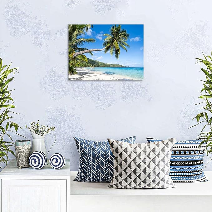 Beach Wall Art Palm Tree Ocean Bathroom Wall Decor Tropical Coconut Palms Natural Landscape Photography Picture Coastal Seascape Canvas Poster Photo Artwork Living Room Bedroom Wall Decoration 12x16in