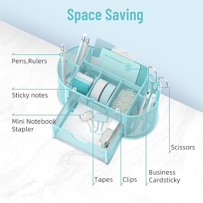 SUPEASY Mesh Desk Organizer, Desk Accessories & Workspace Organizers with Drawers, Pencil Holder for Desk with 9 Compartments for Office Suppliess, 8.6 x 4.3 x 4.1 Inch, Blue