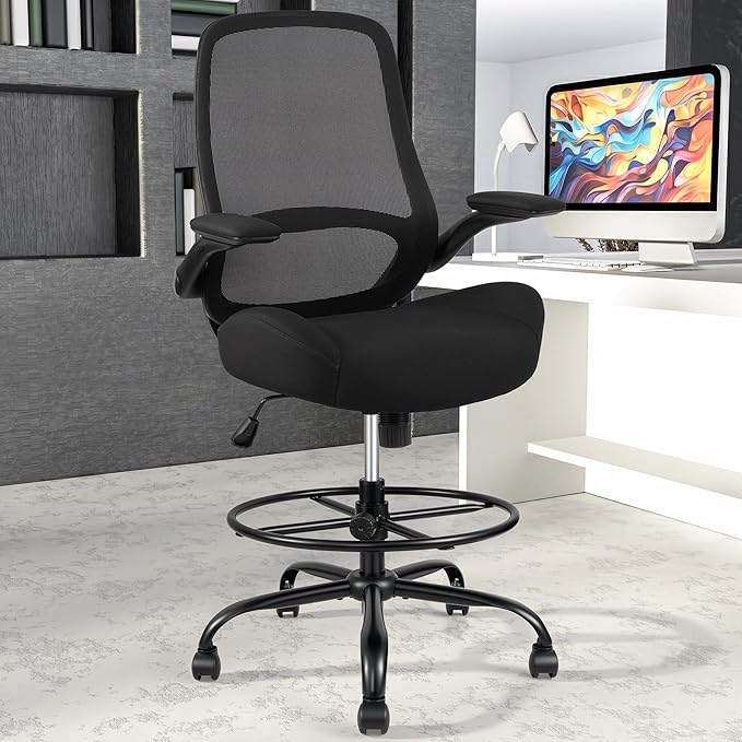 HYLONE 400lbs Big and Tall Heavy Duty Drafting Chair 5" Thickened Seat Tall Office Chair Flip-Up Armrests Ergonomic Chair with Lumbar Support and Adjustable Footrest Ring Standing Desk Chair (Black)