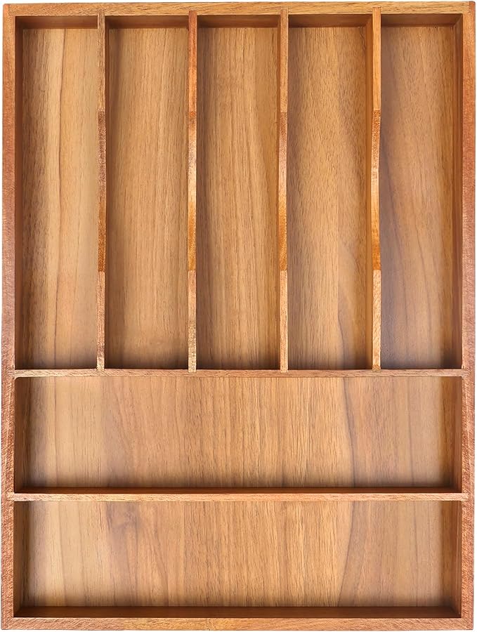 Bamboo Silverware Organizer, 12"x15.7" Utensil Holder Cutlery Tray with Grooved Drawer Dividers for Kitchen Flatware, Bedroom, Office (7 Slot, Acacia)